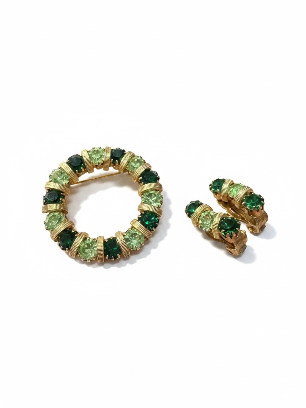 Vintage Uranium Glass Rhinestone Demi Parure Brooch & Clip Earrings Green Gold